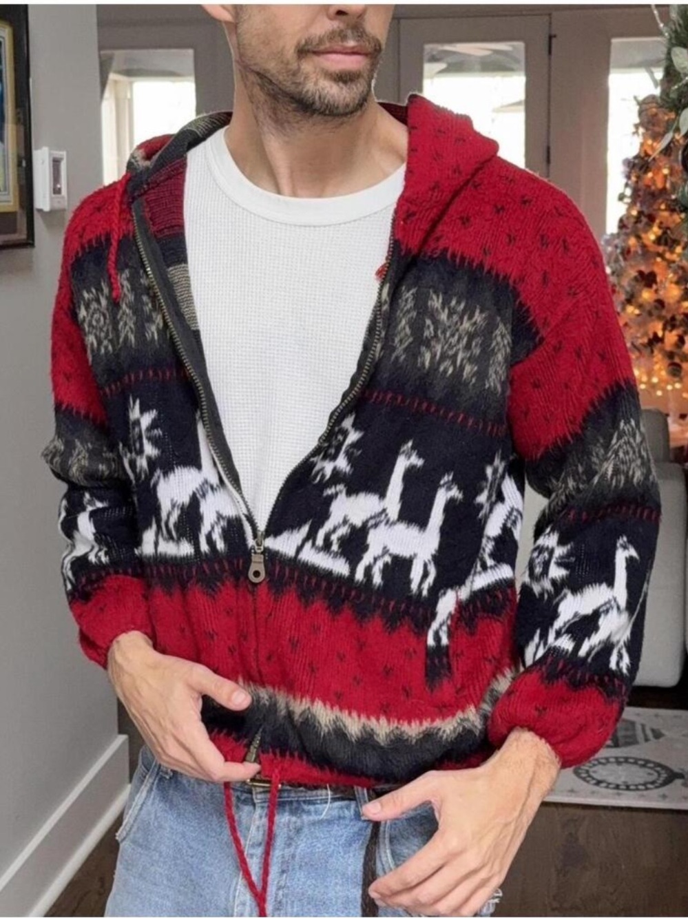 🦙 Vintage Ecuador Alpaca Blend Hooded Zip Jacket Sweater Men’s Medium